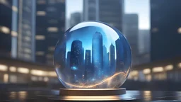 A swirling blue steel galaxy radiates outward, igniting a small cityscape encased in a shimmering glass sphere, photo, 3d render, cinematic