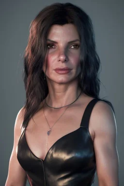 Young Sandra Bullock as evil queen in black leather gown, angry, busty, curvey, cleavage, unreal 5, octane render,cinema4d, dynamic lighting, dramatic lighting, 4k, redshift render, highly detailed, hyper realistic