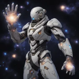 A battle suit made of galaxies and stars with a glove that has seven endless stones