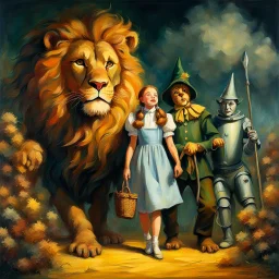 action painting, painterly oil painting, subdued lighting, of a Dorethee from the Wizard of Oz together with the lion and the scarecrow