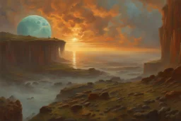 Clouds, rocks, cliffs, rocky land, sci-fi and fantasy, beyond and trascendent, 90's sci-fi movies influence, rodolphe wytsman and charles leickert impressionism paintings