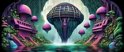 little mutant creatures diving from geometric alien space port building in water in front of jungle waterfall colorful dork neck bambooza schizoid dreams in the style of giger and escher