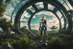 Wide angle photo of a sci-fi woman with blond hair, silver and black futuristic spacesuit looking android-like, standing on a derelict alien jungle planet with cloud trees in multiple green hues