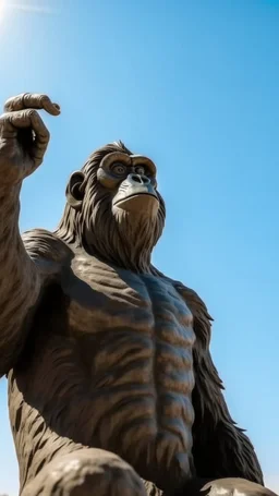 A statue of an ape in the desert , raised his hand and looking up to the sky
