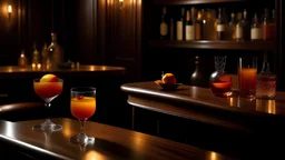 Je voudrais 2 cocktails en premier plan sur un comptoir de bar en bois, dans une ambiance halloween et élégante et chic