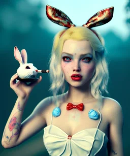 Ultra realistic wonderland photo, hot, happy blonde Alice woman and white rabbit smoking a pipe, blue dress, circus dress style, black headband with bow, old school tattoo, smoke, marijuana garden, glow eyes, perfect iris, soft color, highly detailed, unreal engine 5, ray tracing, RTX, lumen lighting, ultra detail, volumetric lighting, high definition.