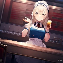 anime waitress taking her break at booth inside a New York diner with two identical coffee cups placed in front oh her on the table