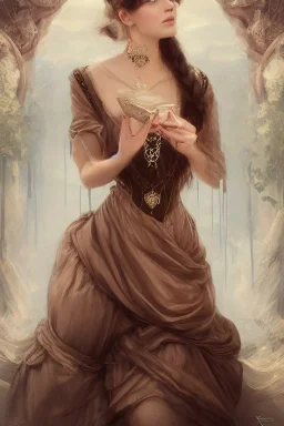 beautiful and gorgerous duchess with incredible jewellery in 19th century clothing by Greg Rutkowski and Artgerm and Emile Vernon and Vladimir Volegov, in a brown dress, mystical castle background, art illustration, natural beauty, muted colors, pastels, perfect fingers, higly detailed, expressive, high detail, symmetrical, digital painting, symmetrical eyes, dynamic lighting, artstation, cinematic lighting, intricate artwork, emitting diodes, smoke, artillery, sparks, racks, system unit, mother