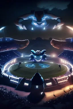 10k hyper realistic detailed futuristic Pokemon battle stadium, night, trainers, night, stadium lights, POV,