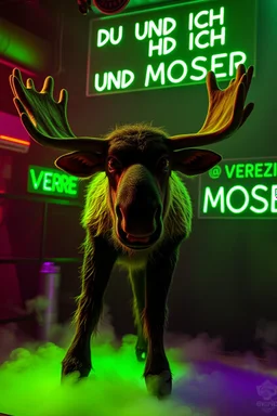 An big female moose with big eyes "Veronika Moser" performing at dance club, her name is "Moser" HAIRY FRUITS EVERYWERE On stage, Green Neon lights and smog, "DU UND ICH UND MOSER" @VERONIKA MOSER" big sign on the wall