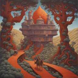 A leaden weariness creeps viciously like syrup down the hills, neo surrealism, by Michael Hutter, by Gerald Scarfe, smooth, matte oil painting, meander artistic style maximalism, beautiful yet sinister.