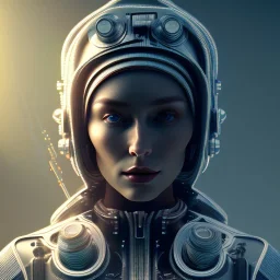 mother, close-up head, cyberpunk, realistisch, light, ray-tracing, view from left