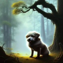 frank frazetta style, cute dog in the forest clearing