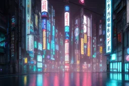 Cinematic, romantic, atmospheric, night, Tokyo, dark, rain, high definition, blue neon lights, blender 3d