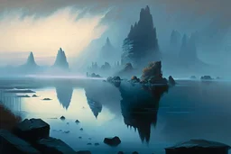 distant city, sea, mist, rocks, lake reflection, epic, otto pippel painting