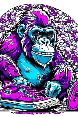 a profile picture of a small gorilla sitting in a purple Converse sneaker, like it's a car, comic style