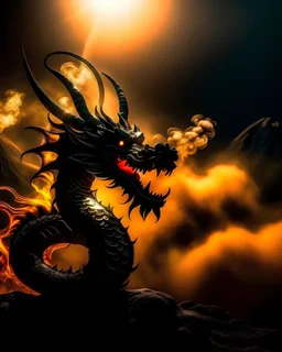 chinese dragon eating the sun while eclipse, high contrast image with a lot of smoke