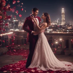 Hyper Realistic Handsome muscular man wearing embroidered-maroon-tuxedo dancing with a beautiful girl wearing embroidered-white-gown in a wedding-party on rooftop with rose-petals-whirling & spotlights on them with cinematic-&-dramatic-ambiance at night