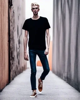 a tall guy who is skinny and scrawny with blond hair and blond beard. his hair is to the left side and he wears glasses. he is wearing a white t-shirt, black jeans and has straight teeth and brown shoes