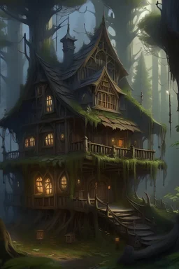 Painting of an evil witch house in the grim, forest, concept art, intricate details, eerie, highly detailed, photorealistic, octane render, 8 k, unreal engine. art by artgerm and greg rutkowski and alphonse mucha