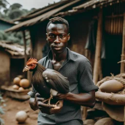 a black man holding a chicken in a village setup