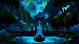 podium for meditation, my dreams dark blue waterfall, day landscape, In the garden my mind bows. meditation. The village is in the midst of the jungle, and mountains. space color is dark, where you can see the fire and smell the smoke, galaxy, space, ethereal space, cosmos, and panorama. Palace, Background: An otherworldly planet, bathed in the cold glow of distant stars. Northern Lights dancing above the clouds in Guinea.