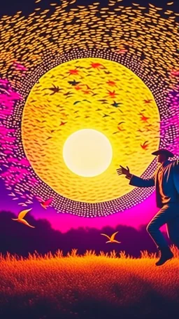 a straw man jumping to touch the moon, surrounded by multicolored paper birds, strong backlighting backlit, retro style photo, nostalgic and hazy, 8k