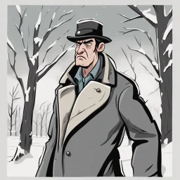 a closeup of a disgusted man in a heavy coat during winter cartoon