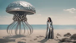 A woman with dark hair in a silver robotic catsuit, standing on a beach with flying mushrooms looking like parasols, with octopus tentacles in the air