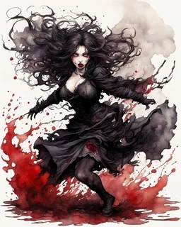 Huge girl goth, run pose, fullbody, splashes blood, behind guts rising from the ground, watercolor illustration by <arthur rackham>, darkred tones,