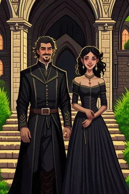 Strahd von Zarovich smiling, dressed in black and Ireena Kolyana frowning, wearing a wedding dress standing outside Castle Ravenloft in the illustrated style of dungeons and dragons