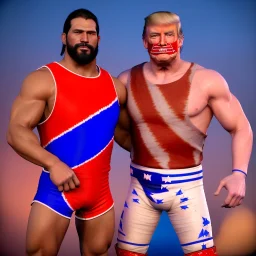 Realistic image of Donald trump wrestler, Mexican wrestling style, eyes mask, red and blue breeches, glow confederate flag dress, suspenders, retro style, 80s, vibrant color, highly detailed, sky background, concept art, unreal engine 5, god rays, ray tracing, RTX, lumen lighting, ultra detail, volumetric lighting, 3d, finely drawn, high definition, high resolution.