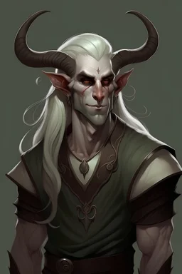Strong male tiefling with pale skin, massive horns, white long hair, black eyes and handsome