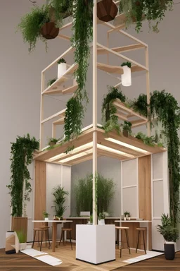 Corner exhibition stand in light colors with wood elements and greenery with two meeting areas