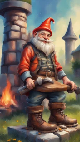 postcard portrait of bard post man sexy gnome fire man with old boots, sledge hammer and chissel in the garden holding a tower fortification, magazine cover illustration with oil paint and spray paint, signed, bokeh like, down-light, unreal engine, prize winning