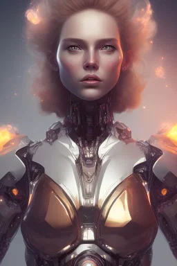 Hannah Hoekstra face, robotic armor, cristal brown eyes, portrait busty and face, light effects, particles, explosion fire,