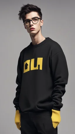 generate a tall guy with green eyes, black short hair, black rectangular glasses, plump lips, wide shoulders, in a black sweatshirt, black pants with pockets on the hips, yellow short socks, in black sneakers, wide shoulders, the guy is crying