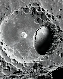 High-altitude lunar reconnaissance satellite image of a young impact crater with larger regolith along right ride. A damaged metallic alien sphere with fracture lines like an egg. organic growth across regolith and up crater walls. Along the lower frame edge a small modern bare-bones lunar-vehicle sits near the rim with visible wheel tracks. comic pencils