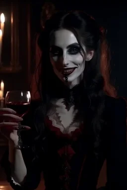 4k full details full lights femme vampire, yeux rouges, longues canines dentaires de vampires visibles, tient un verre de vin en main avec du sang, style victorien