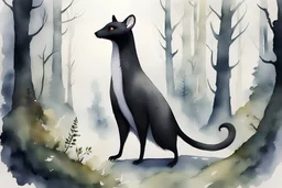 watercolor painting of a fantasy character resembling a black ermine in a primeval forest. standing upright