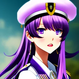  A tall beautiful anime teenage girl with short lilac-colored hair and violet eyes and a big chest. She wears the standard female school uniform, with her accessories being a black beret on her head with a gray ribbon connected to it and a white pair of stockings with garter belts.