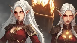 Hot Elf with white hair and glowing yellow eyes She wears a dark red dress