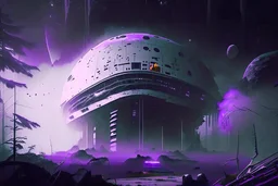 Large Futuristic Building, White Building, Alien Planet, Corrupted Forest, Dense Purple Fog, Dead Soil, Black Night Sky, Stars, Space, Distant Planets