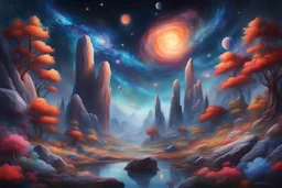 这幅画作展现了一个夜空充满星系、行星和恒星的宇宙，色彩丰富而和平。在画面中，有巨大的岩石形成和茂密的树木和花朵。画作采用了一线绘画的技法，使得画面焦点清晰，呈现出8K的高清效果和深邃的3D场景。画面细节极其精致，有着华丽的装饰风格，符合丹尼尔·梅里亚姆和让-巴蒂斯特·蒙日的风格。整体呈现出超级极致主义的艺术风格，令人陶醉。