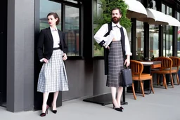 bearded man in elegant suit with checkered skirt on high heels standing next to a restaurant holding a laptop case in sunshine