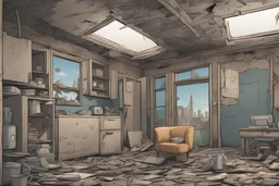 interior house, dilapidated apocalyptic, background, comic book,