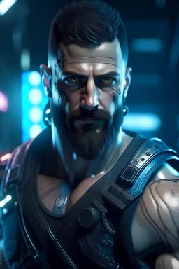 Muscular Greek man in his 30s with short beard cyberpunk