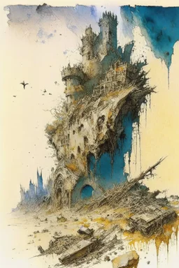 Destroyed City, medieval ruins, debris, stone, breched, brocken, Perspektiv from the sky, by Jean-Baptiste Monge, Ivan Bilibin, Albert Bierstadt, Reza Badrossama ink, pencil sketch, splash art, intricate details, fantasy, beautiful, oil on canvas, award winning, imperial colours, fantastic view, radient colours, very attractive, crisp quality