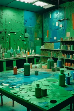 A bluish green laboratory covered in slime painted by Paul Klee