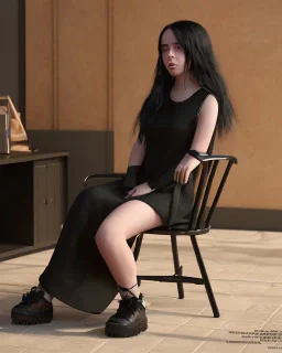 Billie Eilish, sitting on a chair, Black Short Dress, high detail, realistic